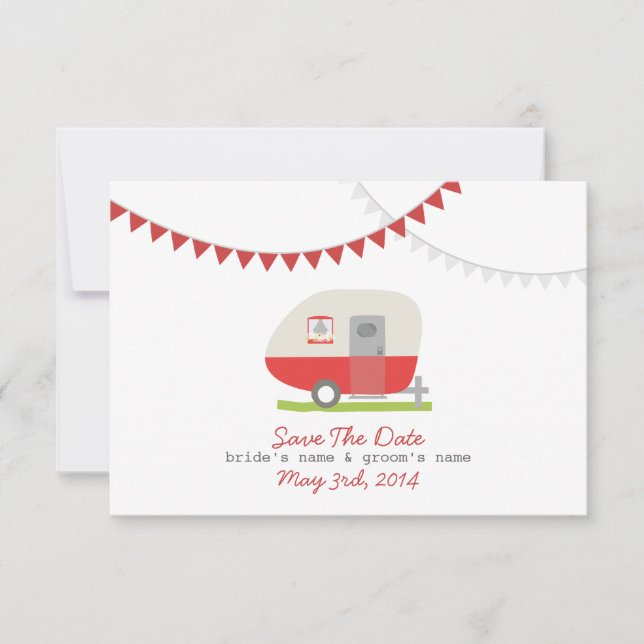 Red Retro Trailer & Hochzeit speichern das Datum Save The Date (Vorderseite)