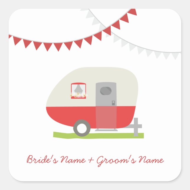 Red Retro Trailer Hochzeitsticker Quadratischer Aufkleber (Vorderseite)