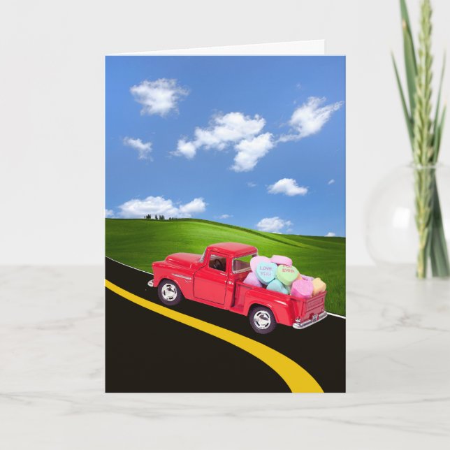 Red Retro Truck mit Valentinenkaninchen Feiertagskarte (Vorderseite)