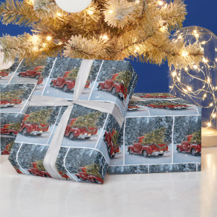 Red Retro Truck mit Weihnachtsbaum in Schneeflocke Geschenkpapier