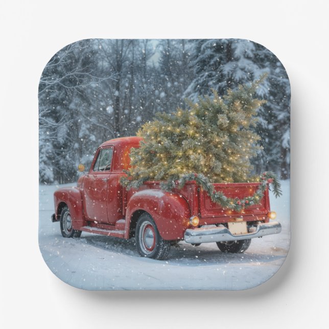 Red Retro Truck mit Weihnachtsbaum in Schneeflocke Pappteller (Vorderseite)
