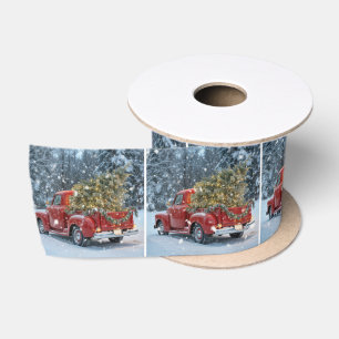 Red Retro Truck mit Weihnachtsbaum in Schneeflocke Satinband