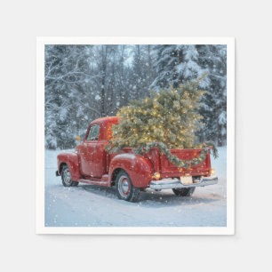 Red Retro Truck mit Weihnachtsbaum in Schneeflocke Serviette