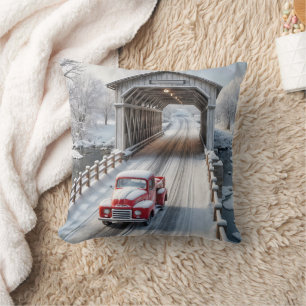 Red Retro Truck und Covered Bridge Kissen