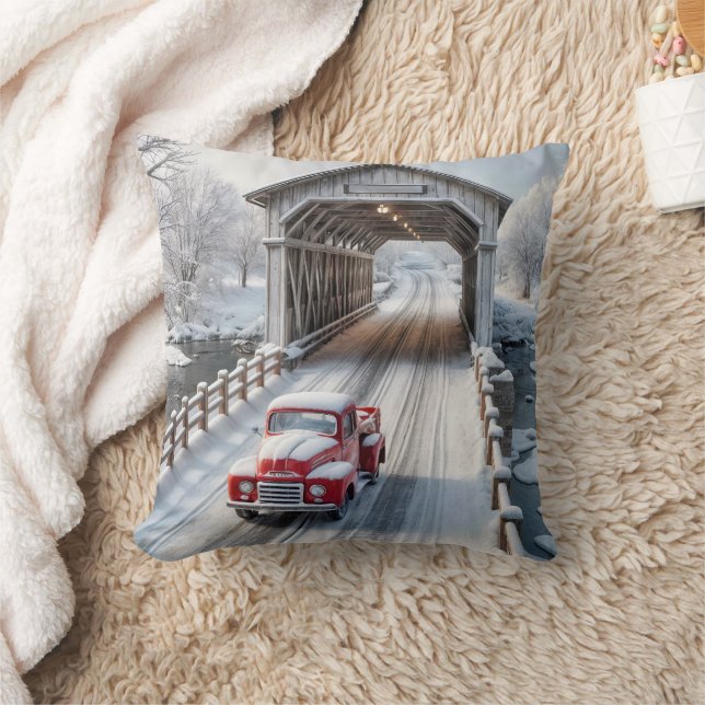 Red Retro Truck und Covered Bridge Kissen (Decke)