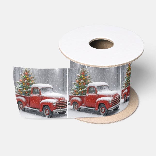 Red Retro Truck With Christmas Tree Satinband (Spule)