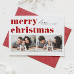 Red Retro Typografie Frohe Weihnachten Zwei Foto<br><div class="desc">Frohe Weihnachten! Senden Sie Ihre Weihnachtsgrüße an Familie und Freunde mit dieser anpassbaren Foto Weihnachtskarte. Es zeichnet sich durch Retro-fett Typografie aus. Personalisieren Sie diese,  indem Sie Ihre Daten hinzufügen. Diese Weihnachtskarte ist auch auf anderen Cardstock erhältlich. Matching-Elemente sind verfügbar.</div>