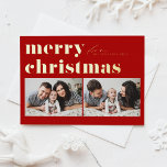 Red Retro Typografie Frohe Weihnachten Zwei Foto Folien Feiertagspostkarte<br><div class="desc">Frohe Weihnachten! Senden Sie Ihre Weihnachtsgrüße an Familie und Freunde mit dieser personalisierbaren Weihnachtspostkarte für das Foto. Es zeichnet sich durch Retro-fett Typografie aus. Personalisieren Sie diese,  indem Sie Ihre Daten hinzufügen. Diese Weihnachtskarte mit Goldfolie ist auf anderen Karton erhältlich. Matching-Elemente sind verfügbar.</div>