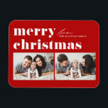 Red Retro Typografie Frohe Weihnachten Zwei Foto Magnet<br><div class="desc">Frohe Weihnachten! Bringen Sie eine Touch Feiertagsmagnet auf Ihre Zuhause mit unserem individualisierbaren Foto Christmas Magnet! Dieser Magnet ist perfekt für die Präsentation von gepflegten Erinnerungen geeignet und ermöglicht es Ihnen, dieses Foto mit Ihrem Lieblingsfest zu personalisieren. Es zeichnet sich durch Retro-fett Typografie aus. Personalisieren Sie durch Hinzufügen eines Urlaubsgrüßens,...</div>