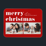 Red Retro Typografie Frohe Weihnachten Zwei Foto Magnet<br><div class="desc">Frohe Weihnachten! Bringen Sie eine Touch Feiertagsmagnet auf Ihre Zuhause mit unserem individualisierbaren Foto Christmas Magnet! Dieser Magnet ist perfekt für die Präsentation von gepflegten Erinnerungen geeignet und ermöglicht es Ihnen, dieses Foto mit Ihrem Lieblingsfest zu personalisieren. Es zeichnet sich durch Retro-fett Typografie aus. Personalisieren Sie durch Hinzufügen eines Urlaubsgrüßens,...</div>