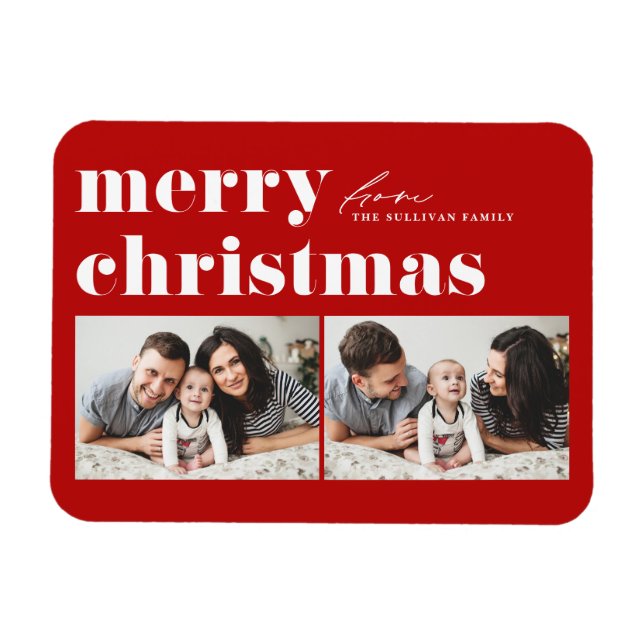 Red Retro Typografie Frohe Weihnachten Zwei Foto Magnet (Horizontal)