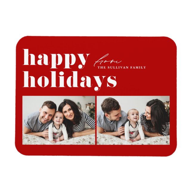 Red Retro Typografie Happy Holidays Zwei Fotos Magnet (Horizontal)