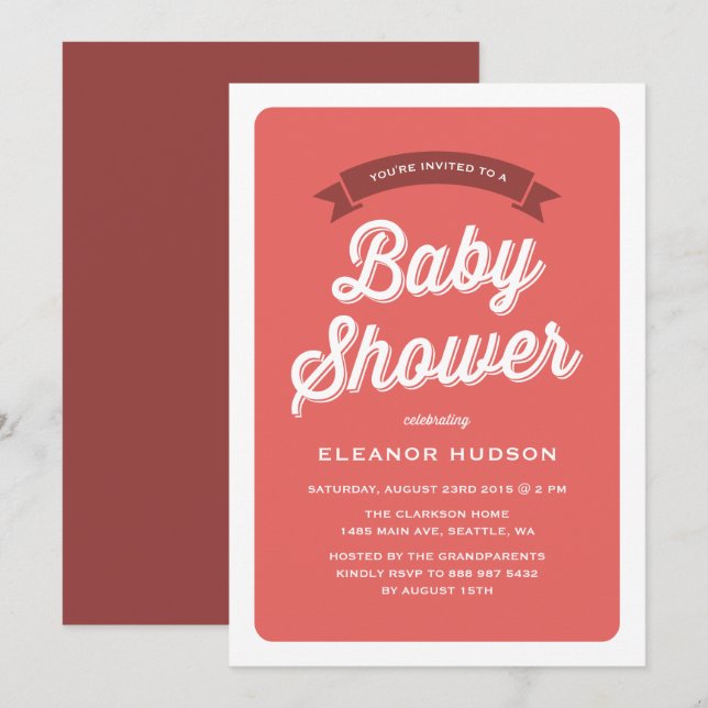 Red Retro Typografie Script Classic Baby Shower Einladung (Vorne/Hinten)