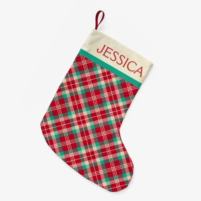 Red Retro Weihnachten Kariertes Muster Kleiner Weihnachtsstrumpf (Vorderansicht (hängend))