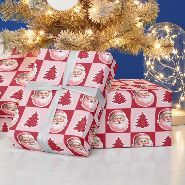 Red Retro Weihnachtsbaum Tartan Kariert Geschenkpapier (Feiertage)
