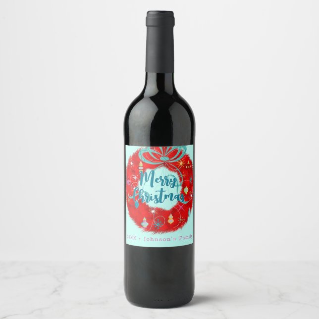 Red Retro Weihnachtskranz Weinetikett (Vorderseite)