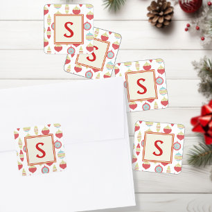 Red Retro Weihnachtsschmuck Monogram Quadratischer Aufkleber