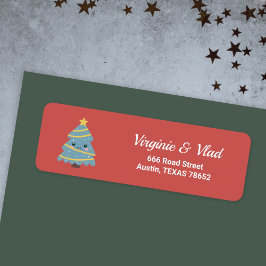 Red return address label with Kawaii Xmas Tree