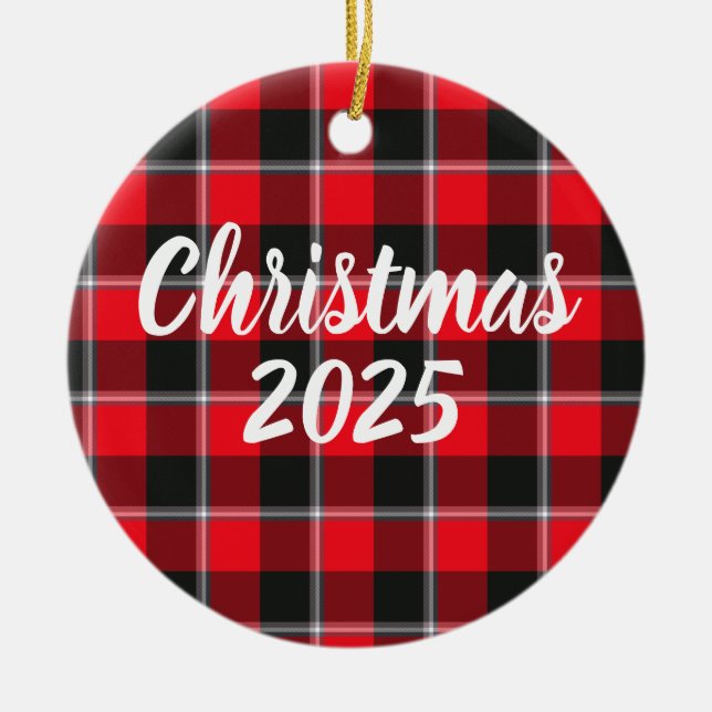 Red Ribbon and Heavy Metal Plaid Keramik Ornament (Vorne)