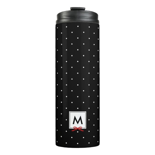 Red Ribbon Black Polka Dot Pattern Monogramm Thermosbecher (Vorderseite)