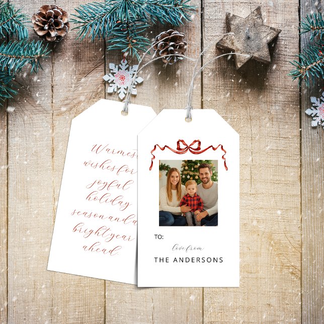 Red Ribbon Bow Christmas Photo Gift Tag Geschenkanhänger (Red ribbon christmas photo gift tags)