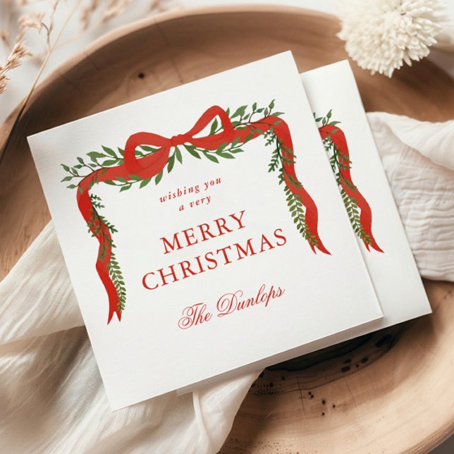 Red Ribbon Bow Greenery Weihnachtsfest Party Serviette (Elegant red ribbon with bow and greenery Christmas holiday party napkins.)
