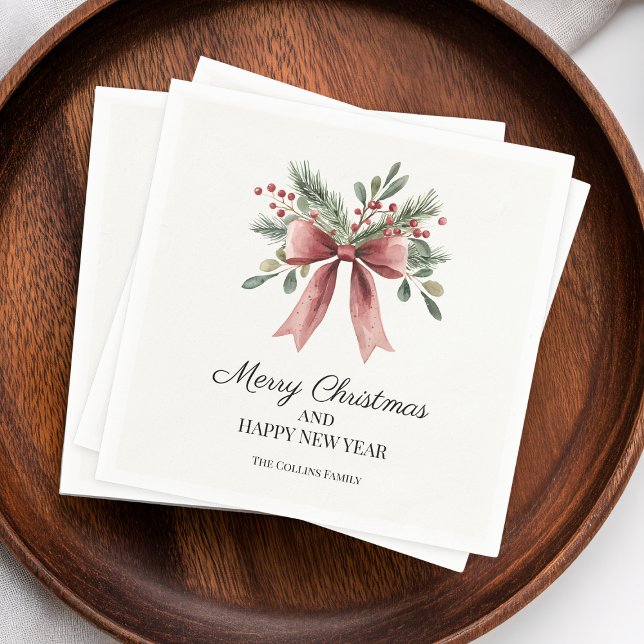 Red Ribbon Bow Watercolor Einfache Weihnachtsfeier Serviette (Red Ribbon Bow Watercolor Simple Holly Holiday Napkins)