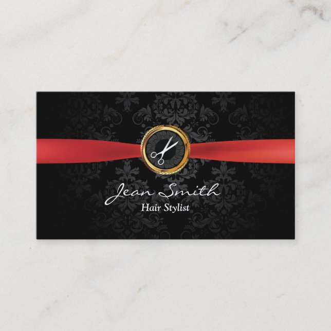 Red Ribbon Dark Damask Hair Stylist Business Card Visitenkarte (Vorderseite)