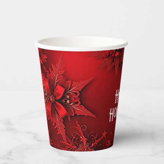 Red Ribbon Floral Holiday Weihnachtszeitung Cups Pappbecher (Vorderseite)