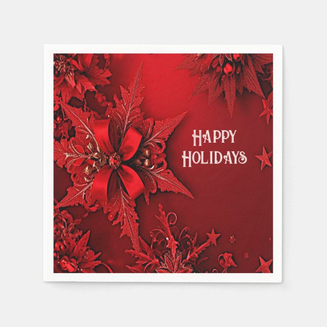 Red Ribbon Floral Holiday Weihnachtszeitung Serviette (Vorderseite)