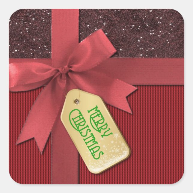 Red Ribbon Frohe Weihnachtsgeschenk Quadratischer Aufkleber (Vorderseite)