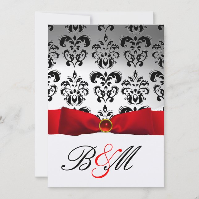 RED RIBBON GOLD BLACK DAMASK MONOGRAMM EINLADUNG (Vorderseite)