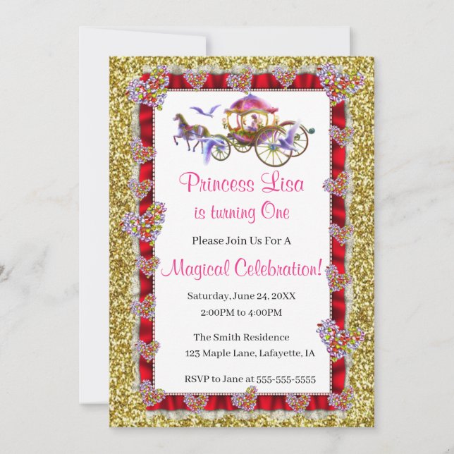 Red Ribbon Gold Glitzer Royal Princess Birthday Einladung (Vorderseite)