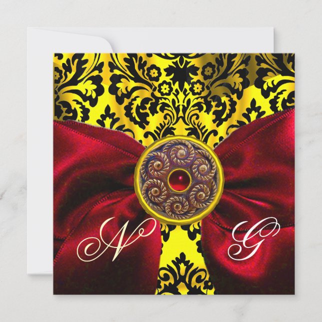 RED RIBBON GOLD YELLOW BLACK DAMASK MONOGRAMM EINLADUNG (Vorderseite)