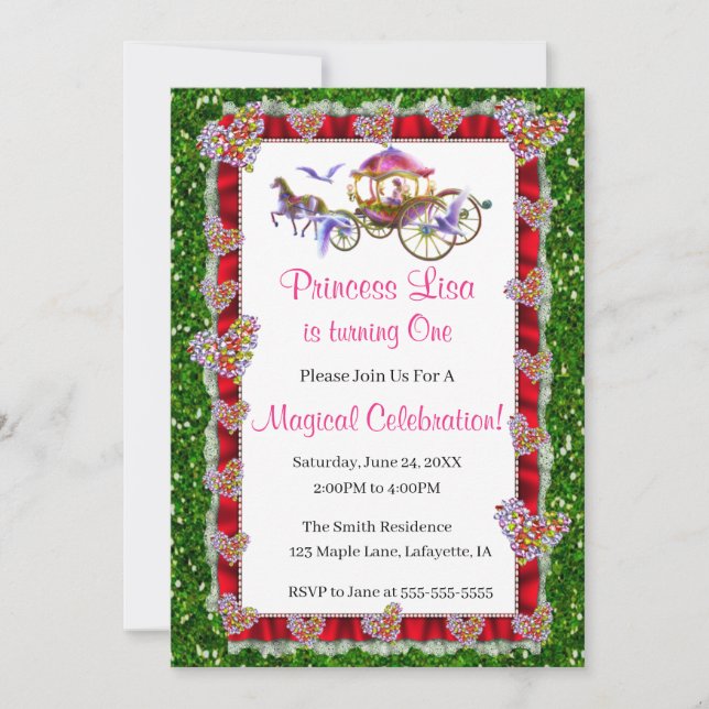 Red Ribbon Green Glitzer Royal Princess Birthday Einladung (Vorderseite)