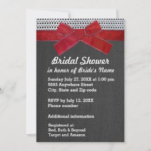 Red Ribbon, Lace, Gray Burlap Brautparty laden ein Einladung