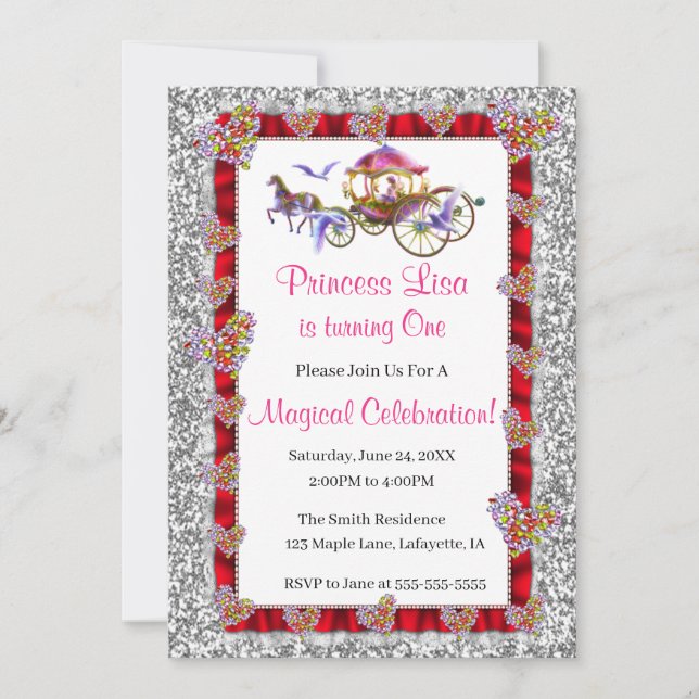 Red Ribbon Silver Glitzer Royal Princess Birthday Einladung (Vorderseite)