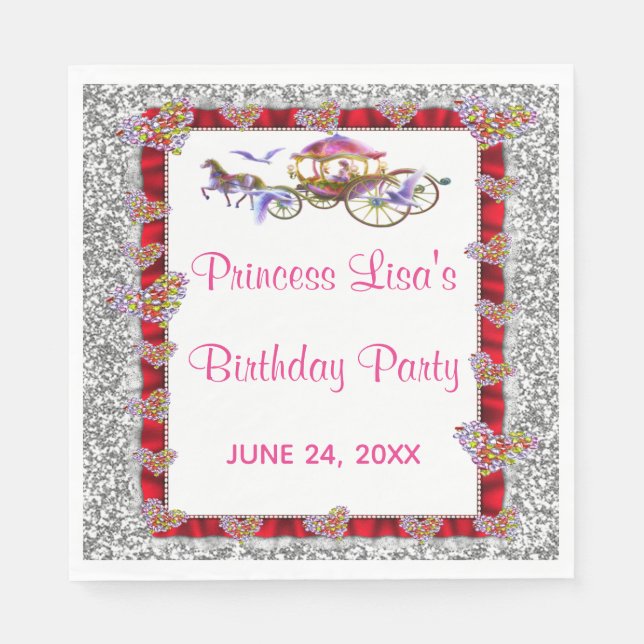 Red Ribbon Silver Glitzer Royal Princess Birthday Serviette (Vorderseite)