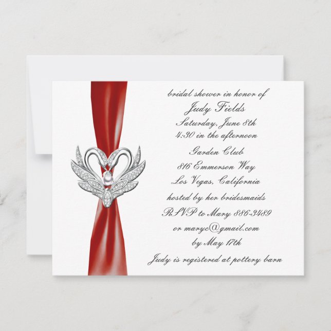 Red Ribbon Silver Swans nuptiale douche Invitation (Devant)
