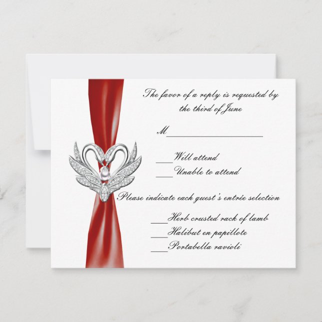 Red Ribbon Silver Swans Response Card RSVP Karte (Vorderseite)
