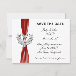 Red Ribbon Silver Swans Save the Date Card Einladung