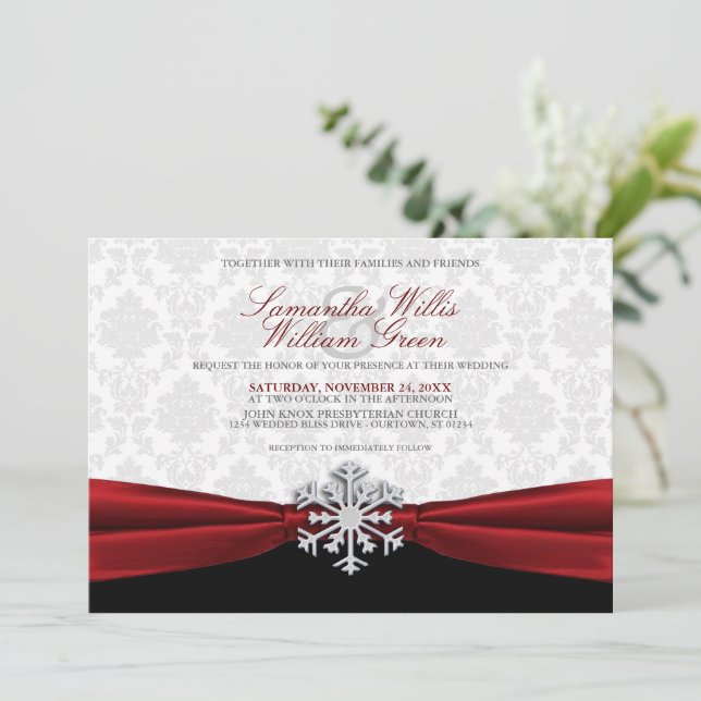 Red Ribbon Winter Wedding Einladung (Stehend Vorderseite)