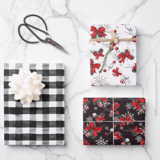 Red Ribbons Black & White Buffalo Karo Weihnachten Geschenkpapier Set (Vorderseite)