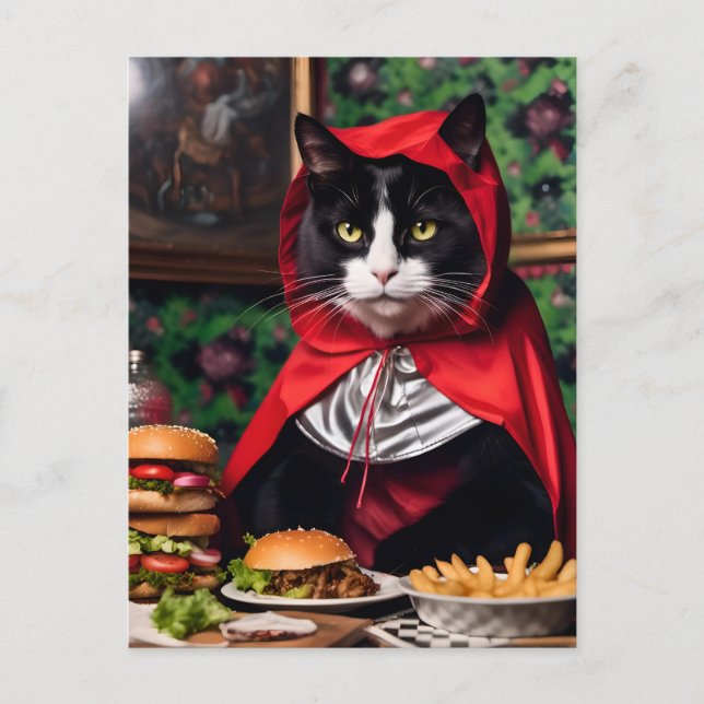 Red Riding Hood Cat isst Cheesburger und Fries Postkarte (Vorderseite)
