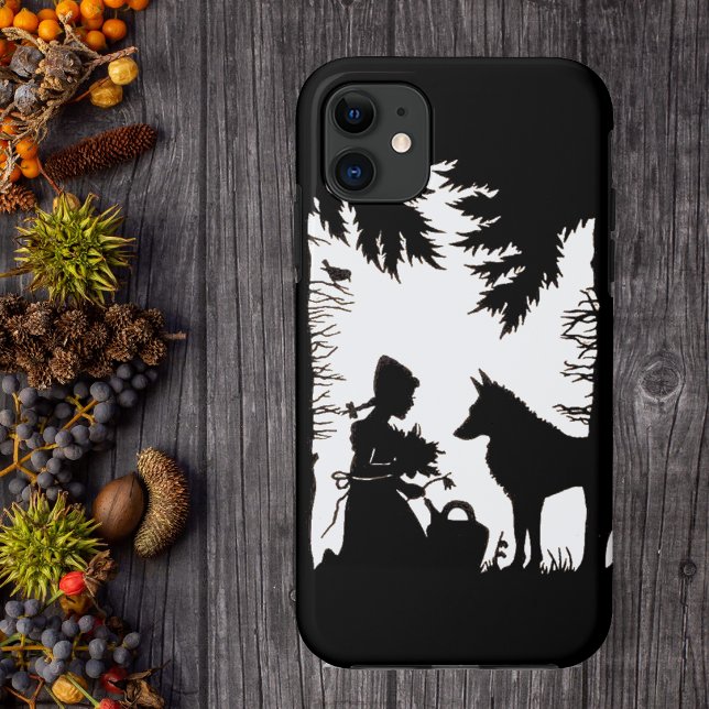 Red Riding Hood Wolf Woods Case-Mate iPhone Hülle (Black and white image red riding hood kneeling under trees with flowers and wolf on phone case.)