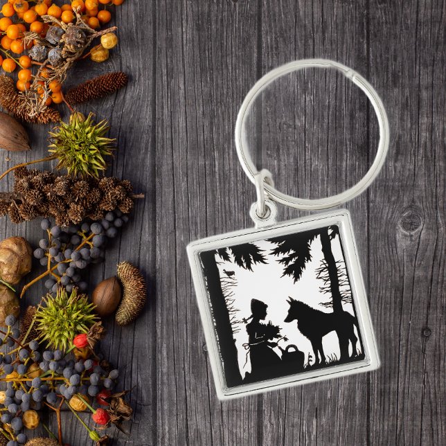 Red Riding Hood Wolf Woods Schlüsselanhänger (Black white keychain with Little red riding hood under trees with the wolf.)