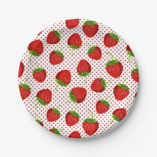 Red Ripe Strawberry and Dots Pattern Pappteller