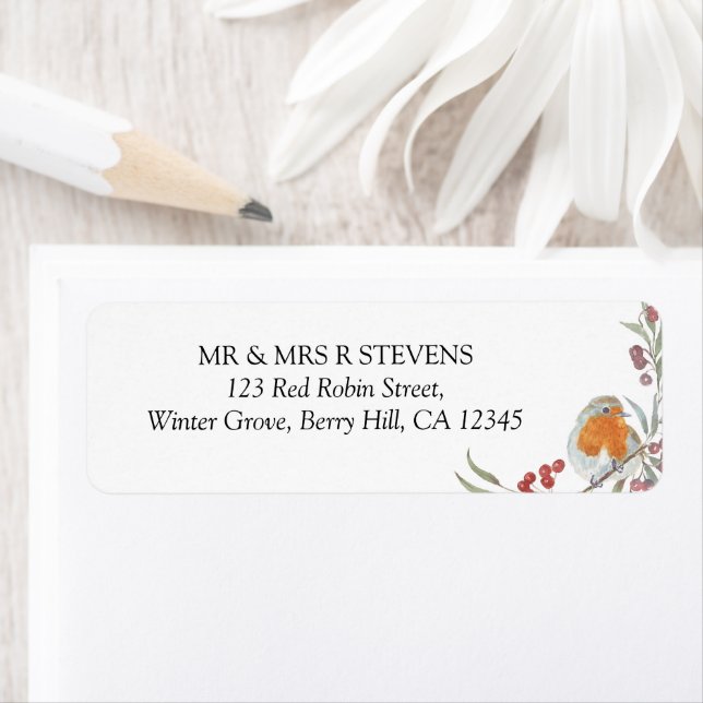 Red Robin Berries Winter Watercolor Rücksendeadres (Insitu)