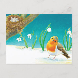 Red Robin Bird & Snowdrop Illustration Postkarte