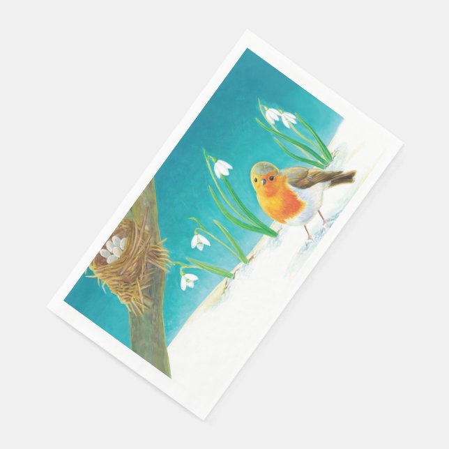 Red Robin Bird & Snowdrops Illustration Serviette (Ecke)